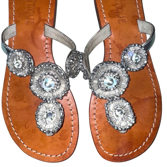 MYSTIQUE Vintage Leather Crystal Rhinestone Jewel Thong Flip Flops Size 6 - Picture 6 of 9